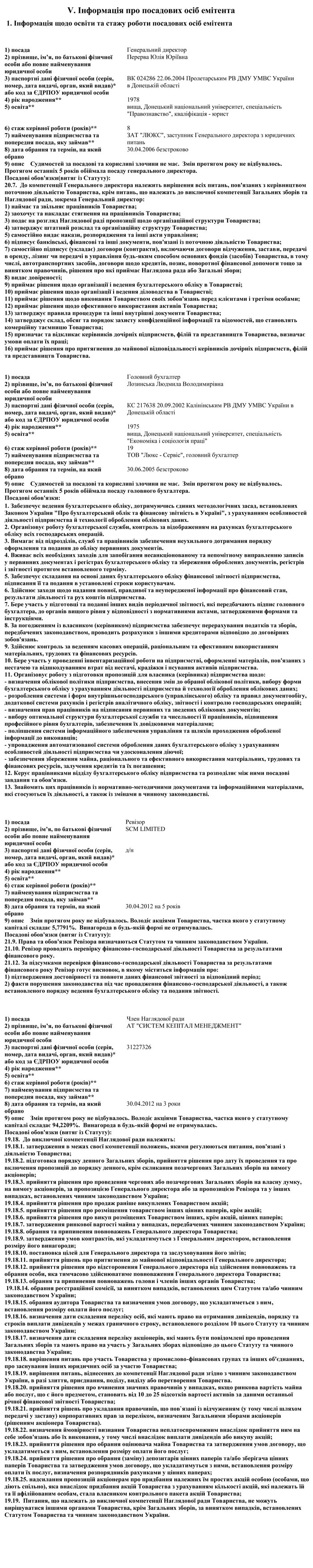 Інформація щодо освіти та стажу роботи посадових осіб емітета