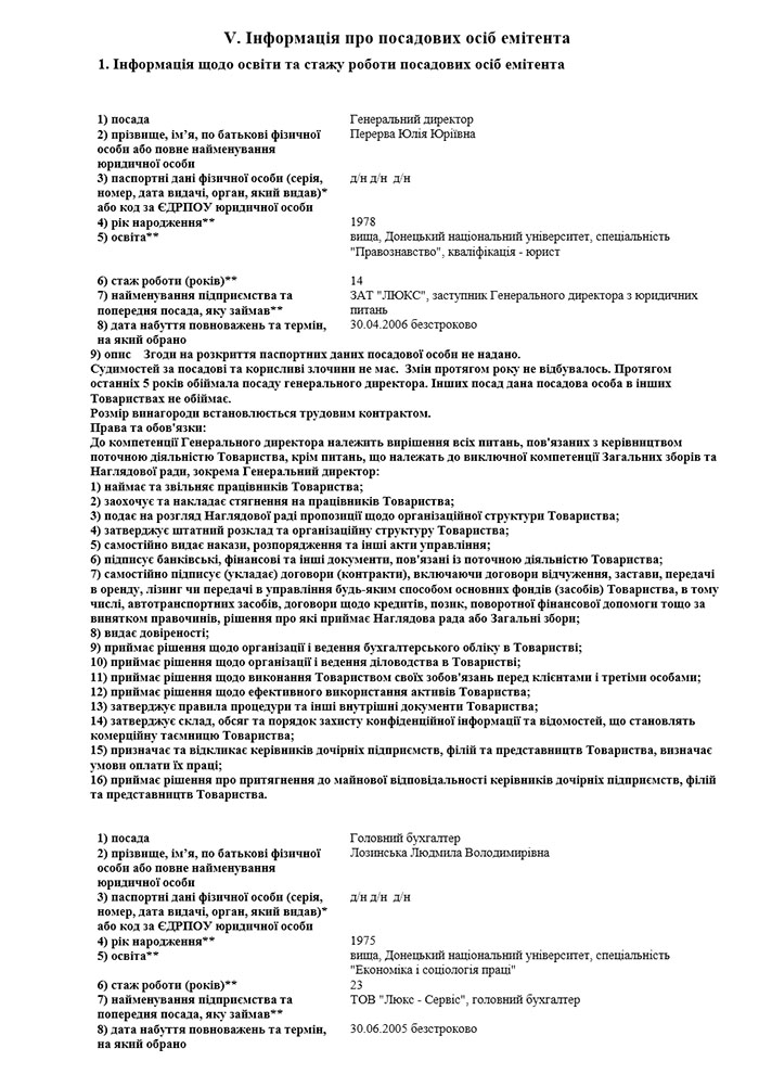 Інформація щодо освіти та стажу роботи посадових осіб емітета